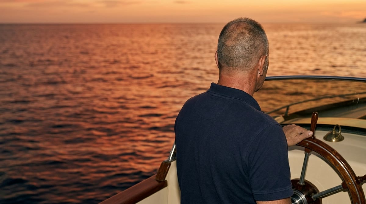 Captain seen from behind at the wooden wheel of a yacht, at sunset