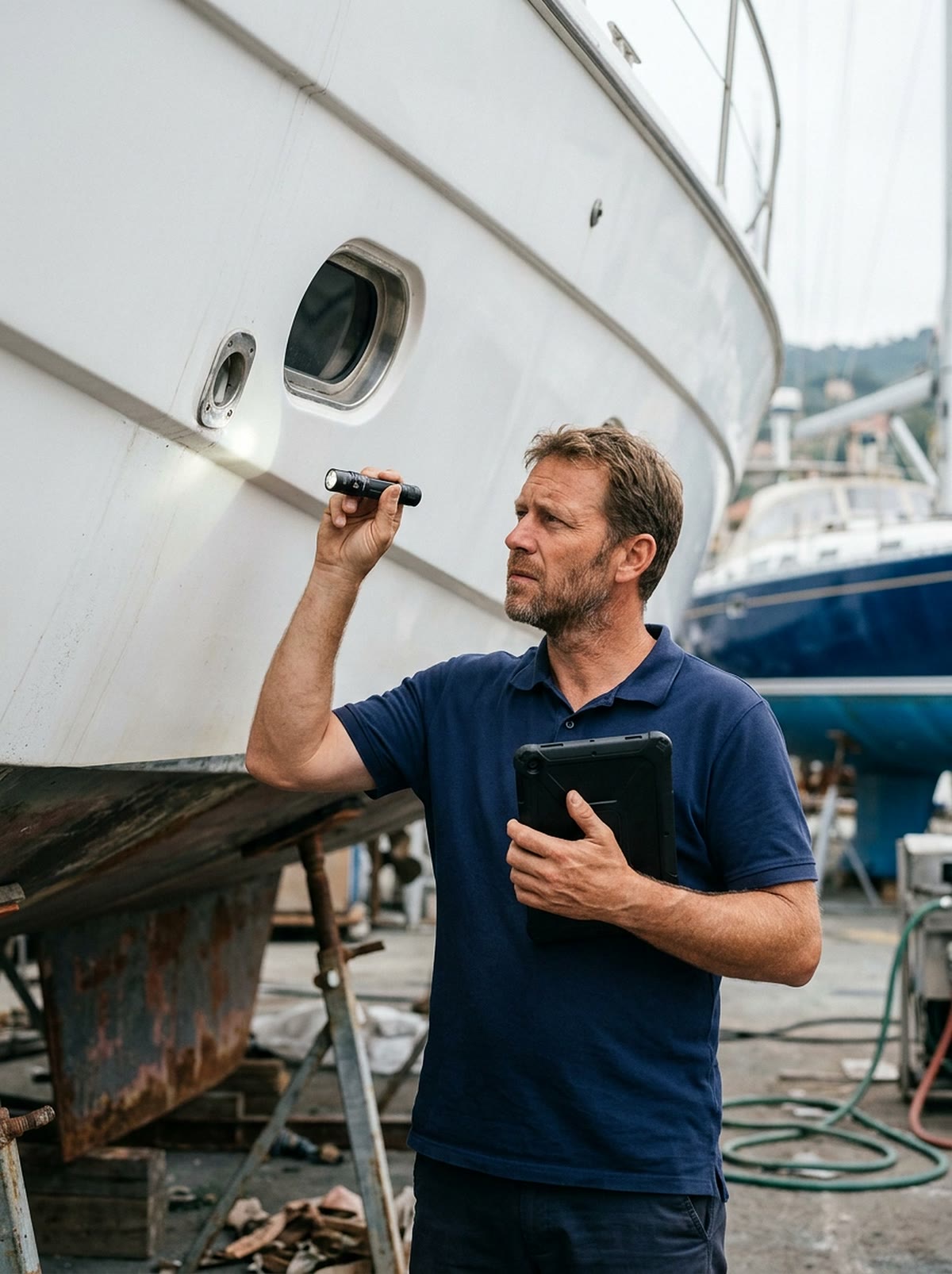 Profesional revisando con una linterna el casco de un yate en varadero