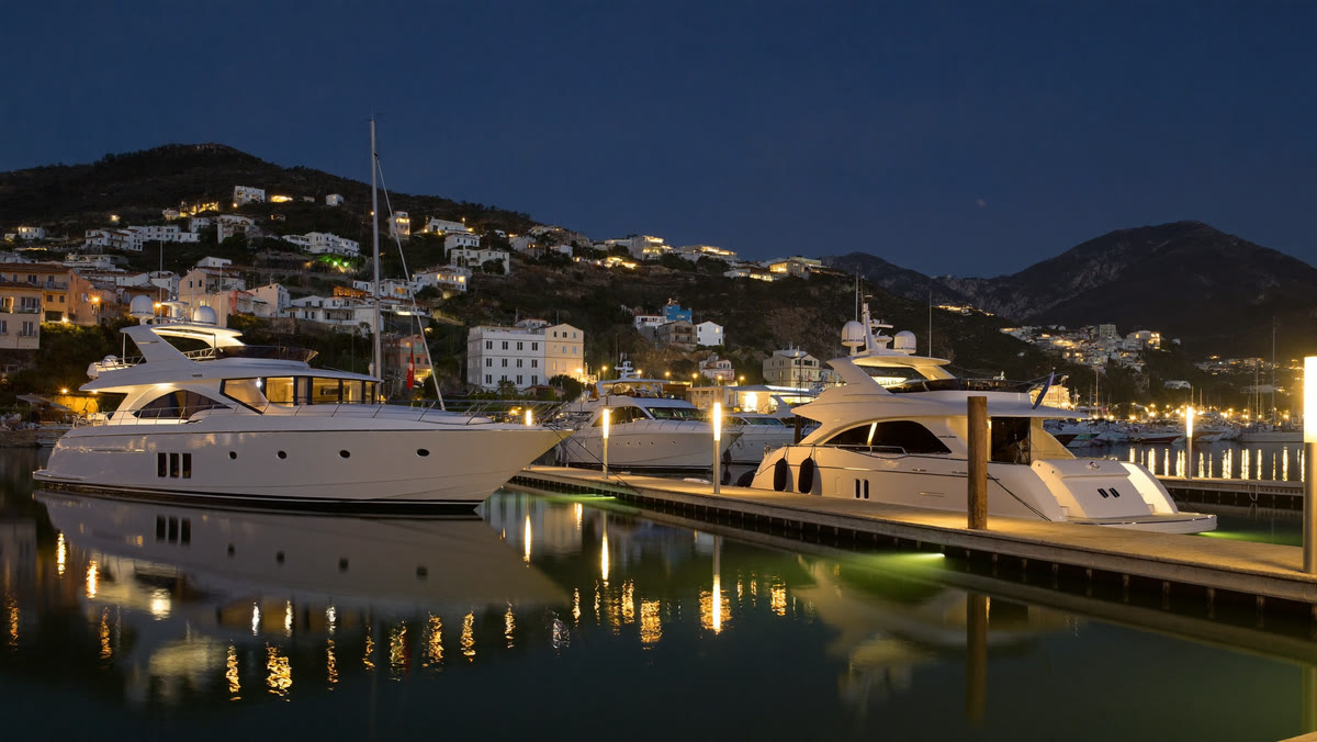 Marina della costa ligure all’ora blu, con yacht ormeggiati al pontile