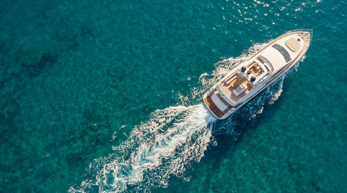 White motor yacht cruising over turquoise water, seen from above