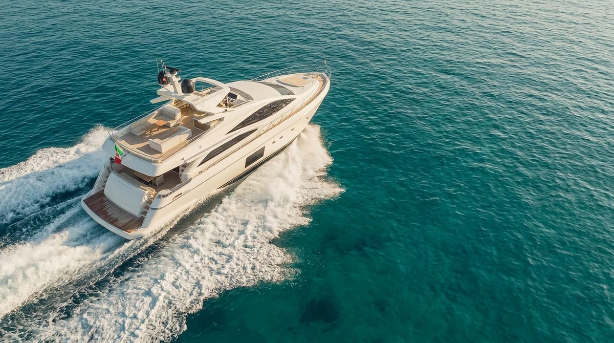 The same yacht under way, seen from above at an angle