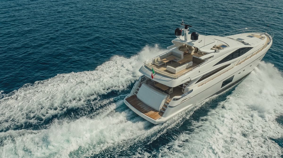 The yacht cruising on the open sea, filmed low from astern