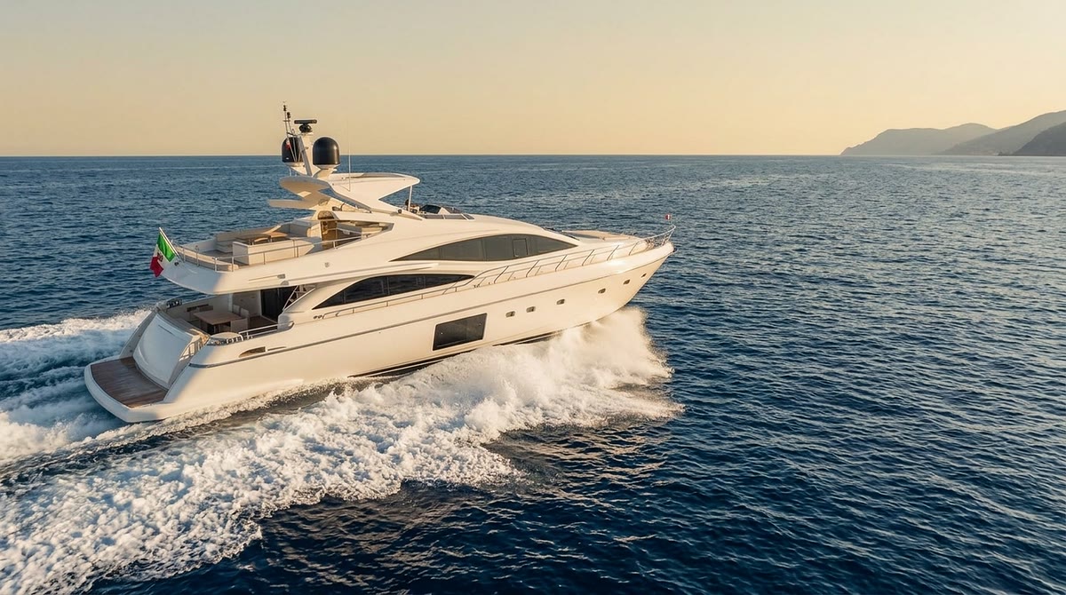 The yacht under way seen side-on, with the Ligurian coast on the horizon