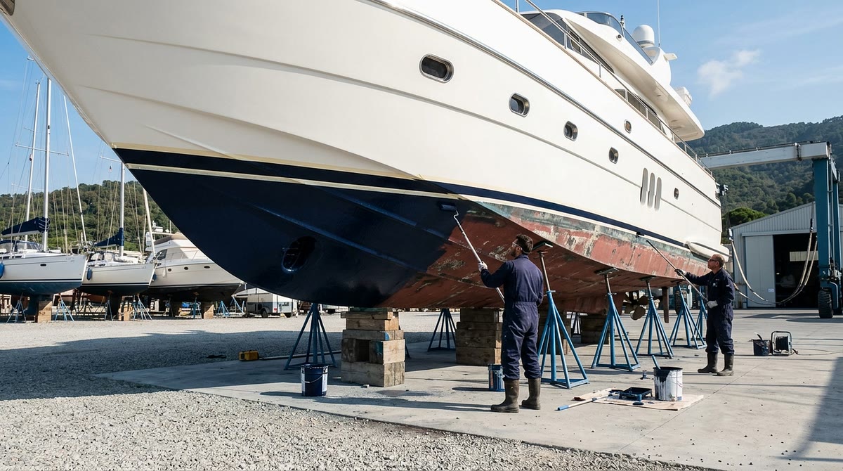 Technicians applying antifouling to the hull of a yacht in a boatyard