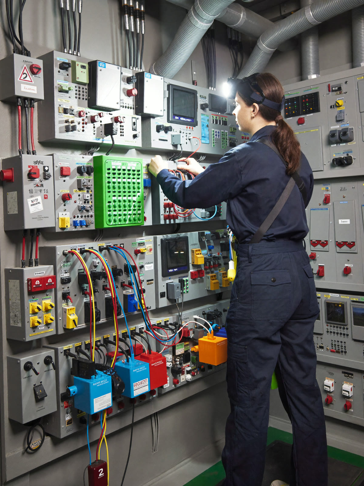 Technician working on the electrical panel in a yacht’s technical room