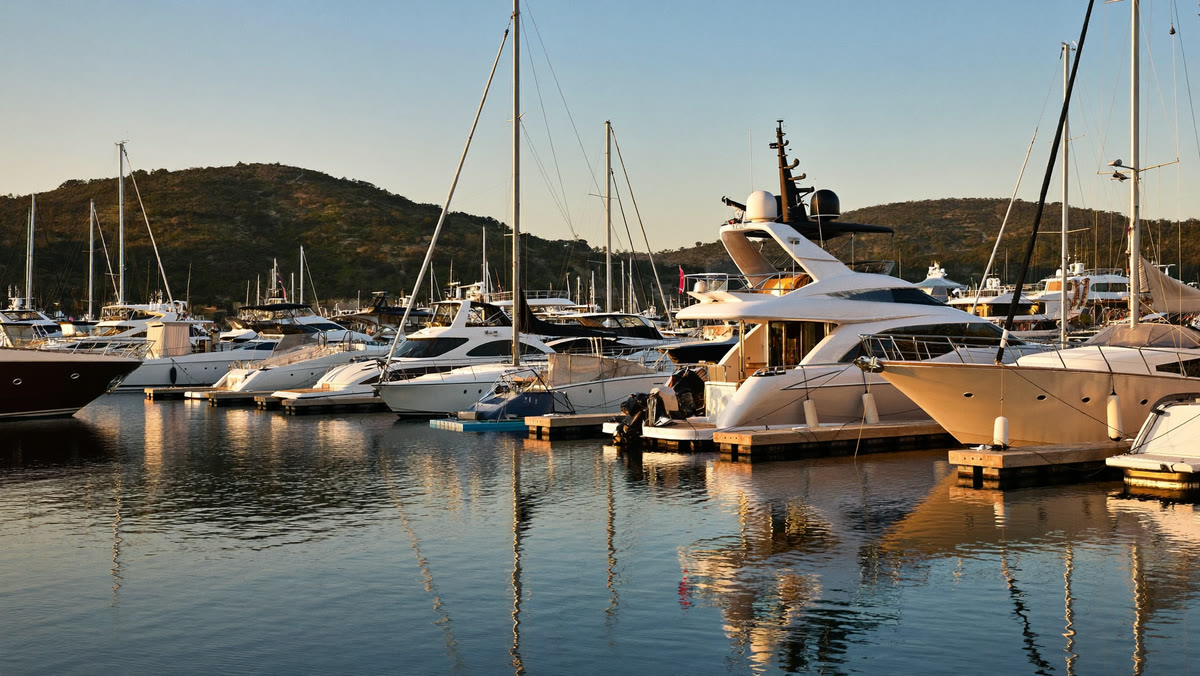 Marina mit Reihen festgemachter Yachten bei Sonnenuntergang
