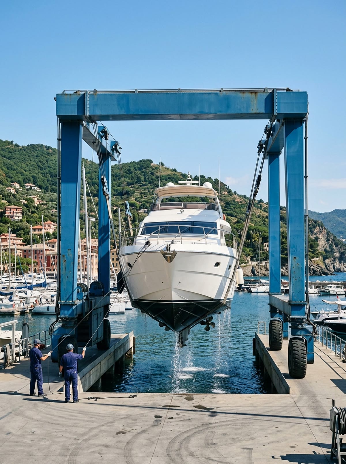 Travellift hebt eine Motoryacht in einer Werft aus dem Wasser