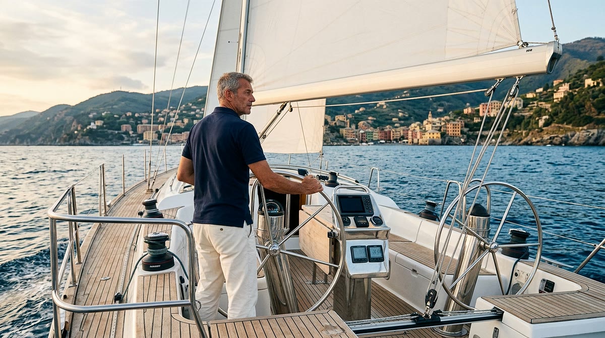 Sailing yacht heeling under sail, the skipper on the mainsheet and guests in the cockpit