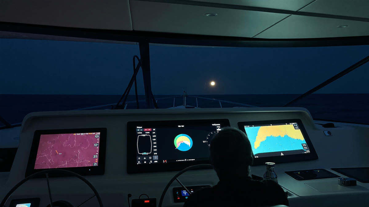 Puente de un yate de noche durante una travesía, con las pantallas de navegación encendidas